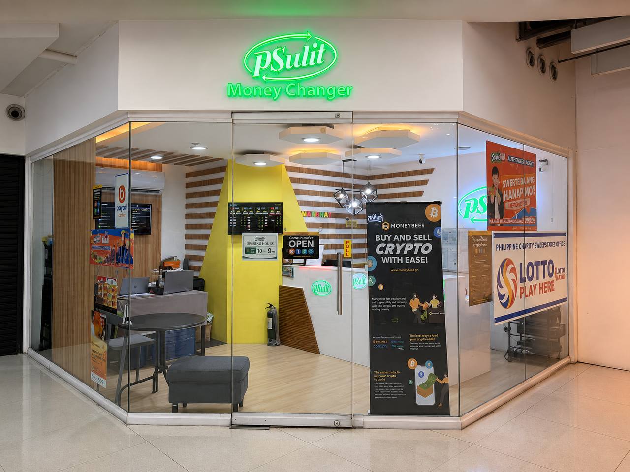 The full PSULIT storefront at Alphaland Southgate, showing Moneybees, Bayad Center and lottery services