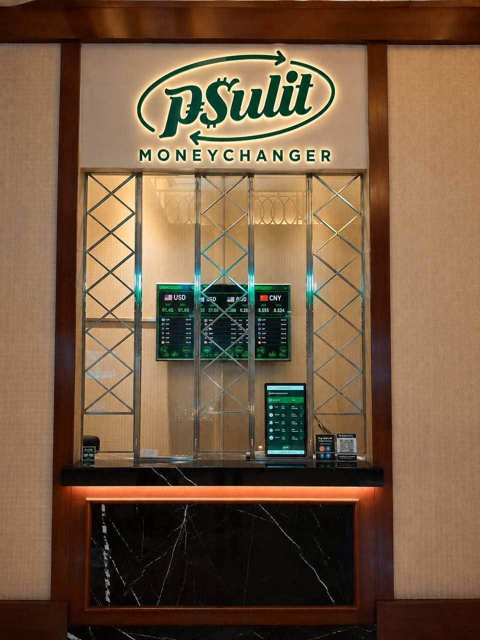 PSULIT’s Solaire counter with its illuminated green sign and exchange-rate displays